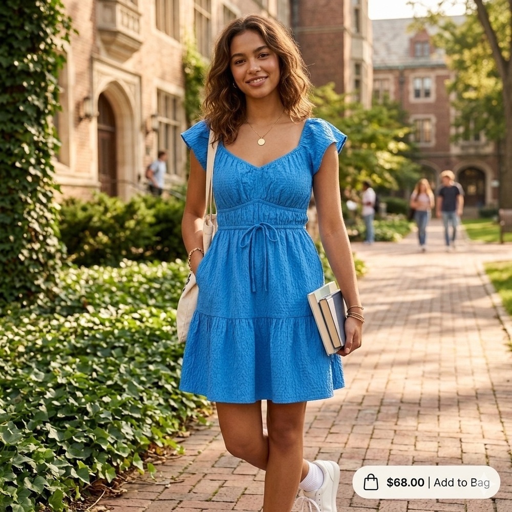 Summer Blue Smocked Mini Dress with Tie Waist